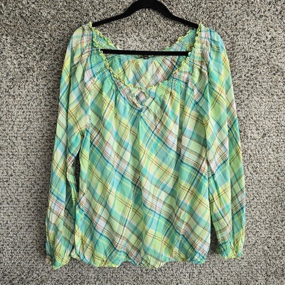 Lane Bryant‎ Top Womens Plus 18/20 Green Plaid Off The Shoulder Semi Sheer - Picture 1 of 7